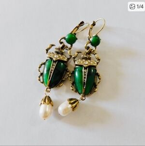 Vintage-Inspired Green Scarab Drop Earrings with Pearl